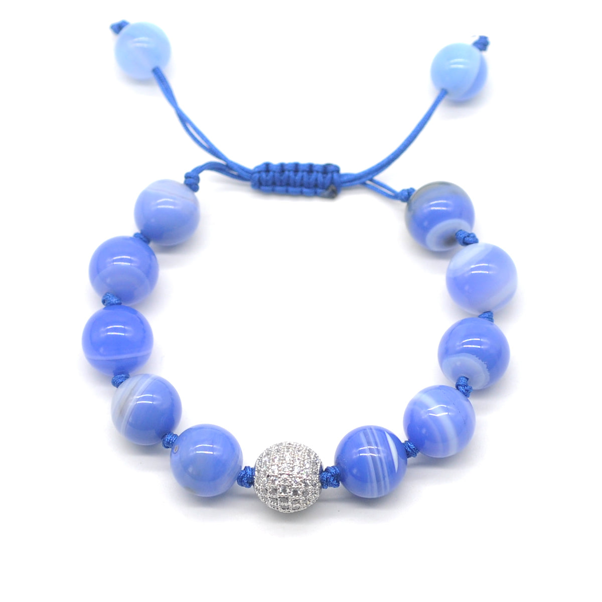 CGB645 Blue Banded Agate Adjustable Macrame Bracelet Round 12mm