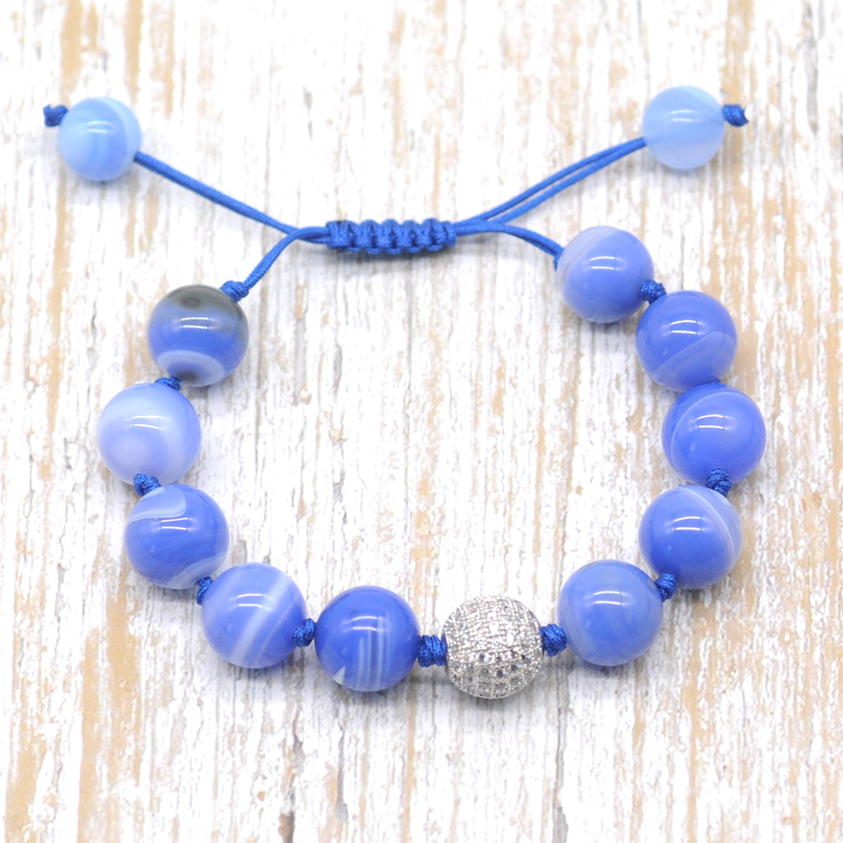 CGB645 Blue Banded Agate Adjustable Macrame Bracelet Round 12mm