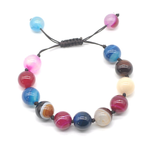 CGB647 Colorful Banded Agate Adjustable Macrame Bracelet Round 12mm