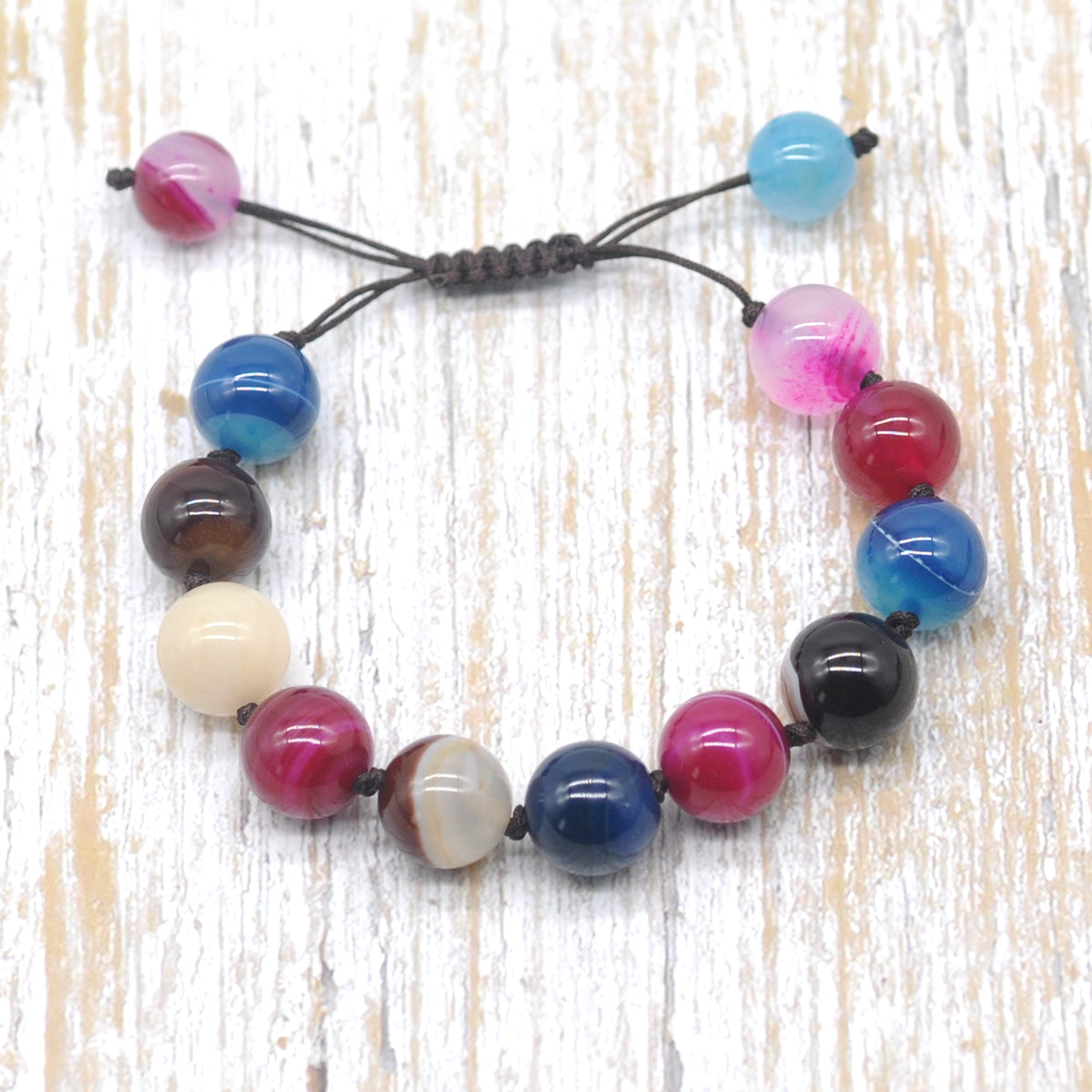 CGB647 Colorful Banded Agate Adjustable Macrame Bracelet Round 12mm