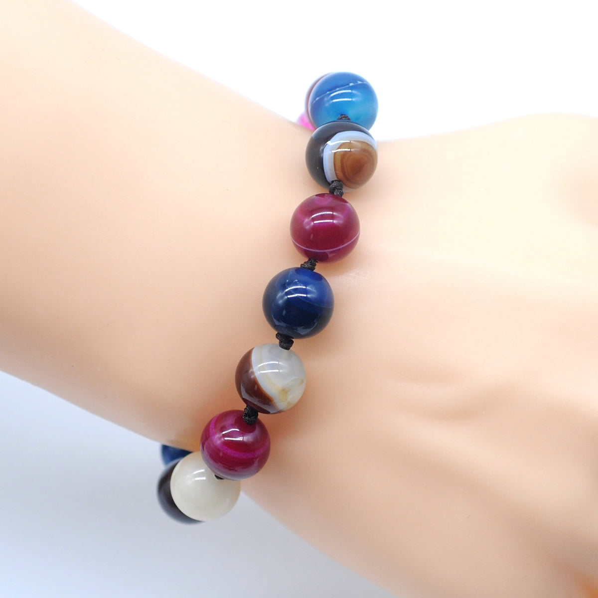 CGB647 Colorful Banded Agate Adjustable Macrame Bracelet Round 12mm