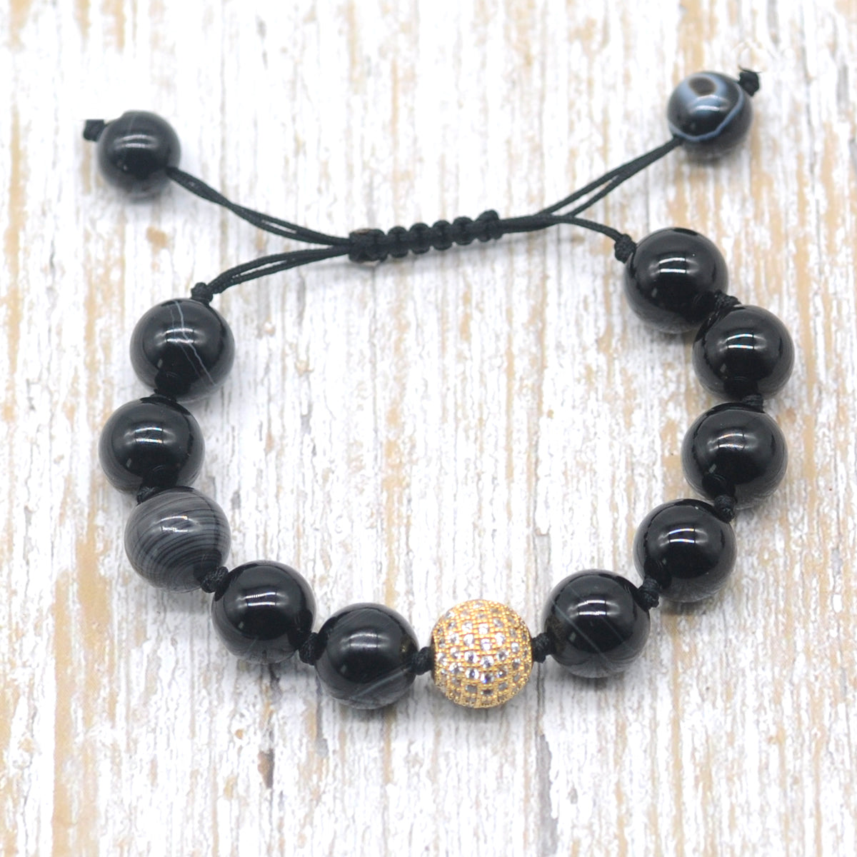 CGB648 Black Banded Agate Adjustable Macrame Bracelet Round 12mm