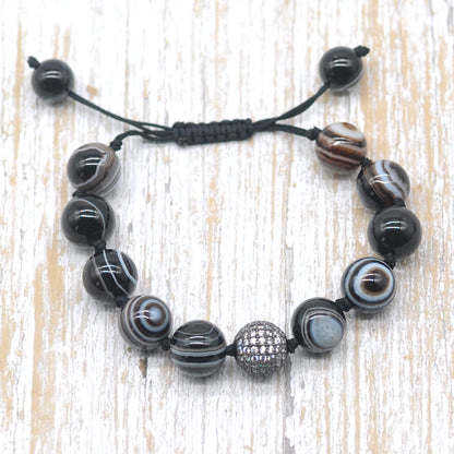 CGB649 Black Banded Agate Adjustable Macrame Bracelet Round 12mm