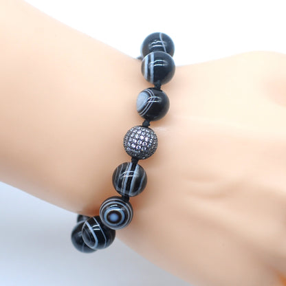 CGB649 Black Banded Agate Adjustable Macrame Bracelet Round 12mm