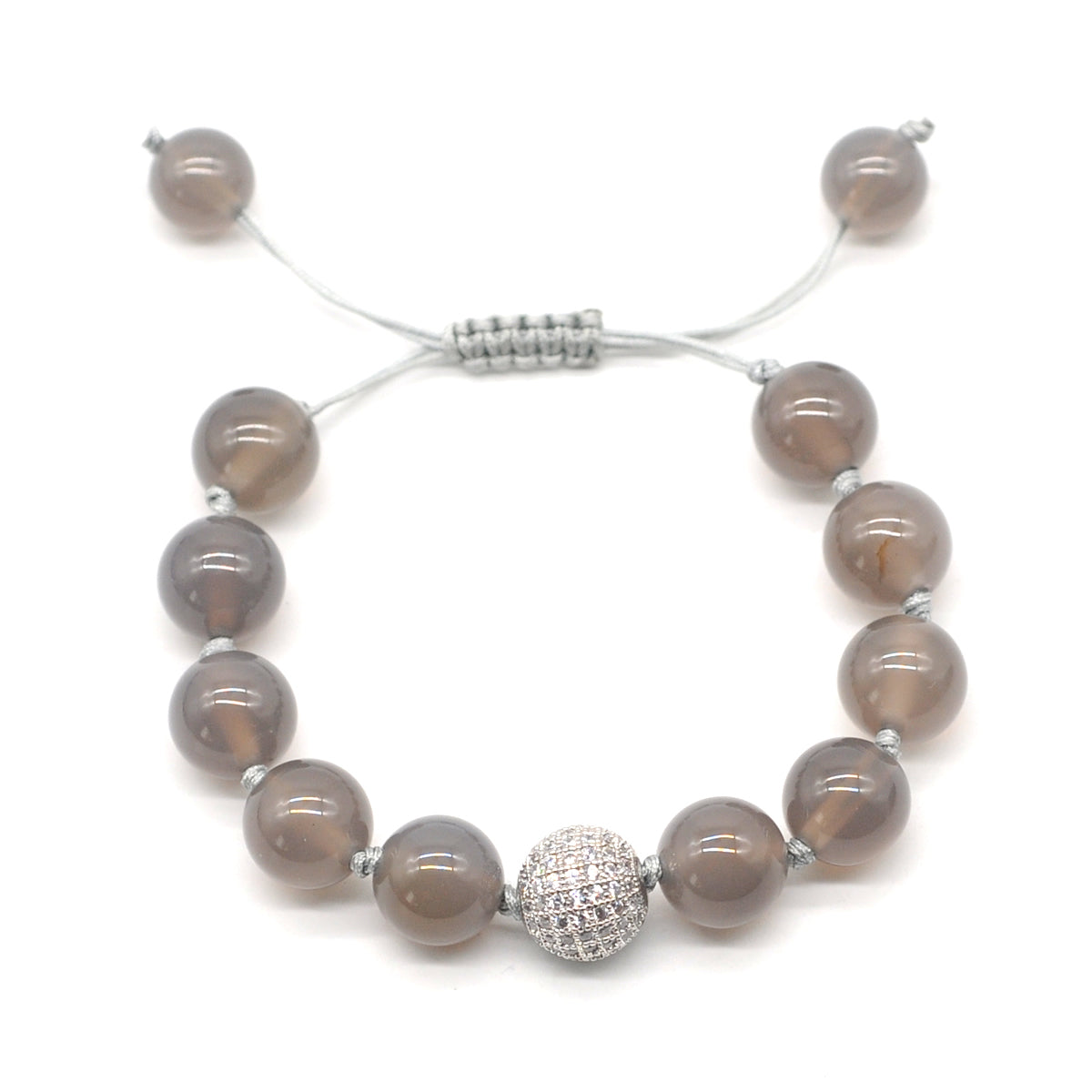 CGB650 Grey Agate Adjustable Macrame Bracelet Round 12mm