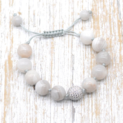 CGB652 White Crazy Lace Agate Adjustable Macrame Bracelet Round 12mm