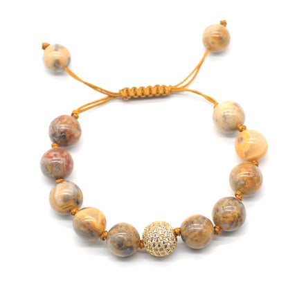 CGB653 Yellow Crazy Lace Agate Adjustable Macrame Bracelet Round 12mm