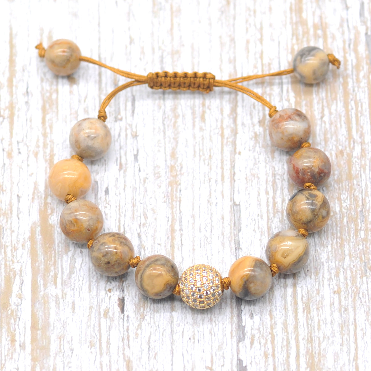 CGB653 Yellow Crazy Lace Agate Adjustable Macrame Bracelet Round 12mm