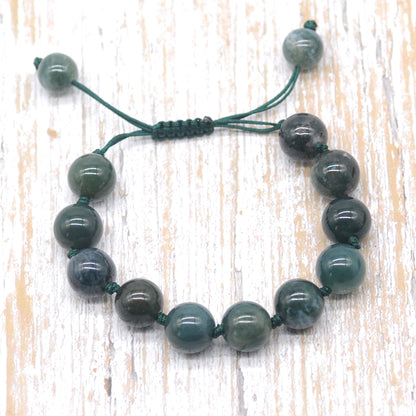 CGB659 Moss Agate Adjustable Macrame Bracelet Round 12mm