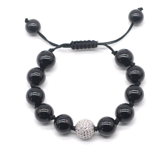 CGB663 Black Onyx Adjustable Macrame Bracelet Round 12mm