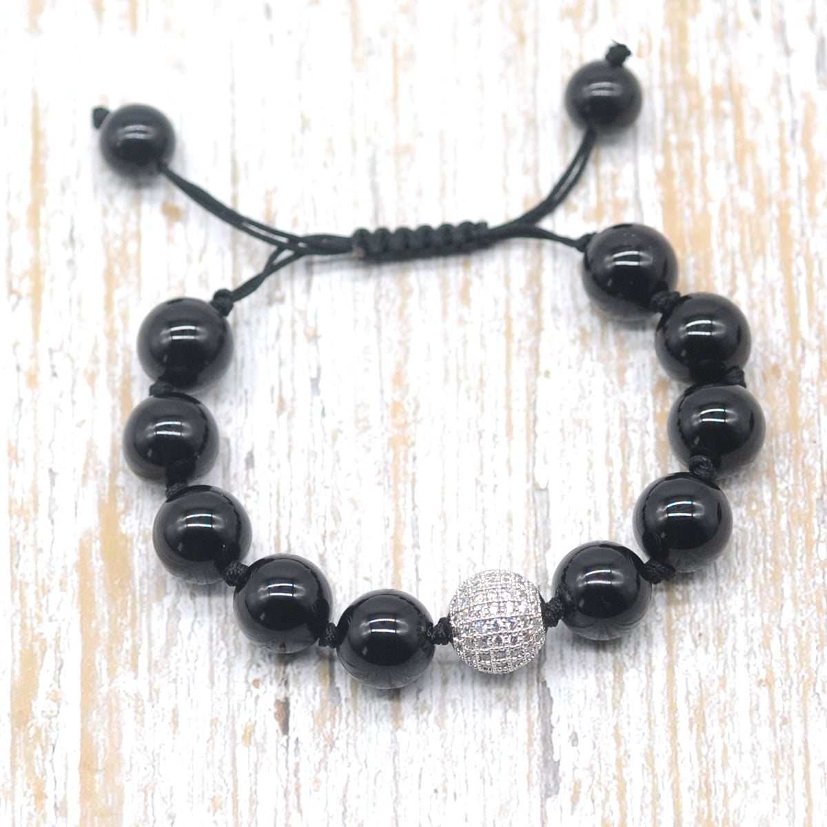 CGB663 Black Onyx Adjustable Macrame Bracelet Round 12mm