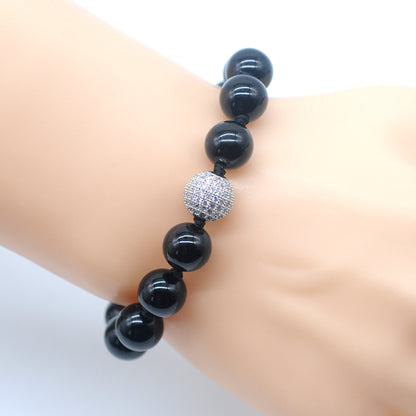 CGB663 Black Onyx Adjustable Macrame Bracelet Round 12mm