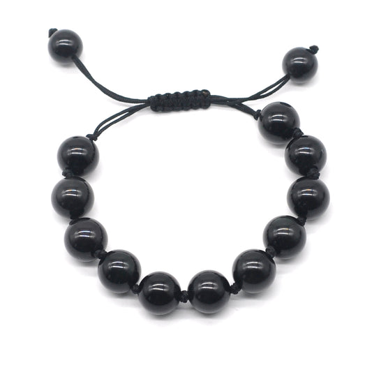 CGB678 Black Tourmaline Adjustable Macrame Bracelet Round 12mm