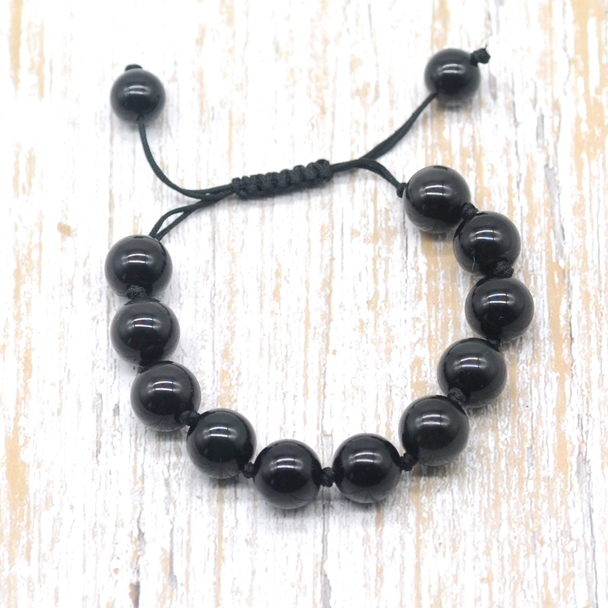 CGB678 Black Tourmaline Adjustable Macrame Bracelet Round 12mm