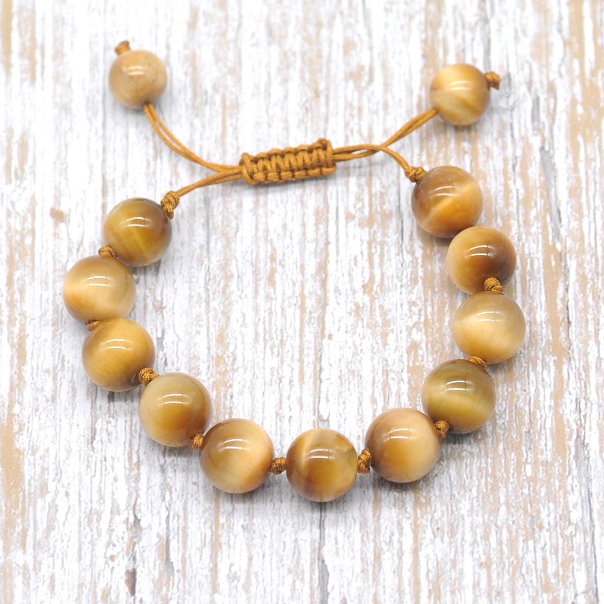 CGB683 Golden Tiger Eye Adjustable Macrame Bracelet Round 12mm