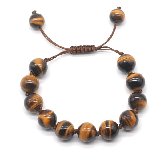 CGB684 Yellow Tiger Eye Adjustable Macrame Bracelet Round 12mm