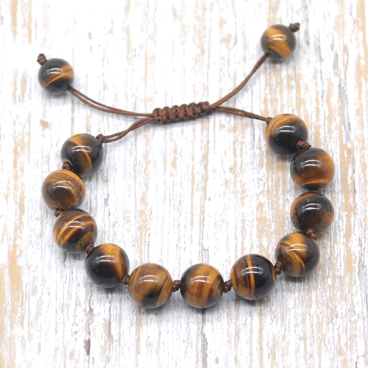 CGB684 Yellow Tiger Eye Adjustable Macrame Bracelet Round 12mm