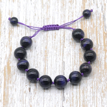 CGB686 Purple Tiger Eye Adjustable Macrame Bracelet Round 12mm