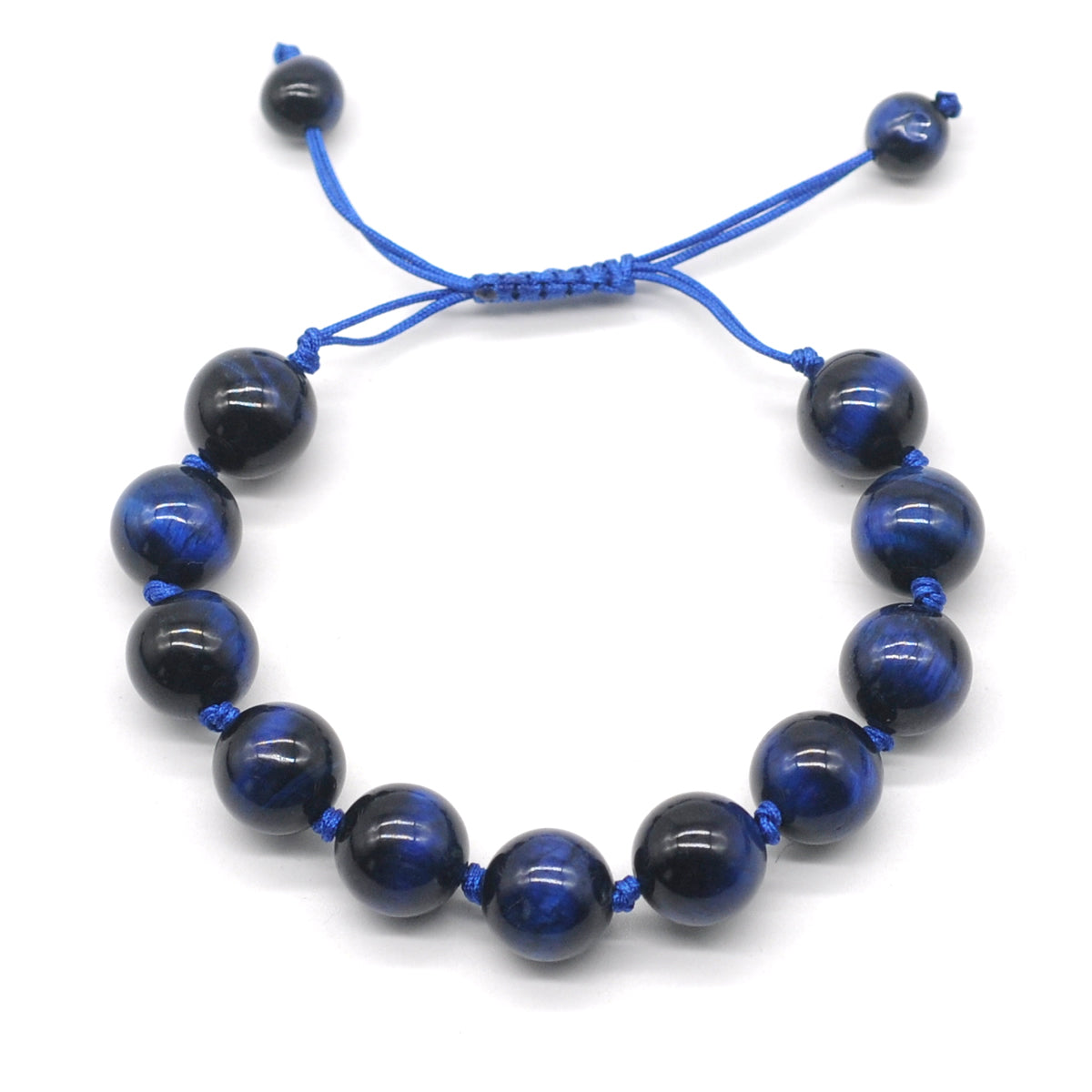 CGB687 Blue Tiger Eye Adjustable Macrame Bracelet Round 12mm