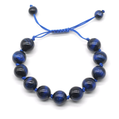 CGB687 Blue Tiger Eye Adjustable Macrame Bracelet Round 12mm