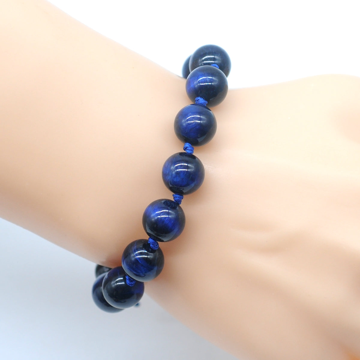 CGB687 Blue Tiger Eye Adjustable Macrame Bracelet Round 12mm