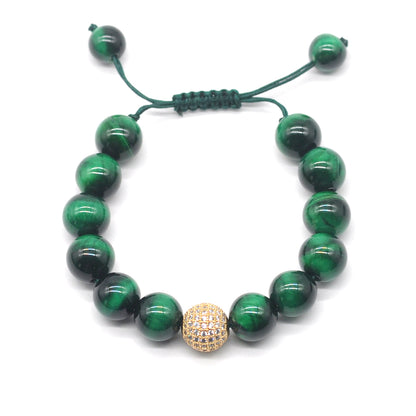 CGB688 Green Tiger Eye Adjustable Macrame Bracelet Round 12mm