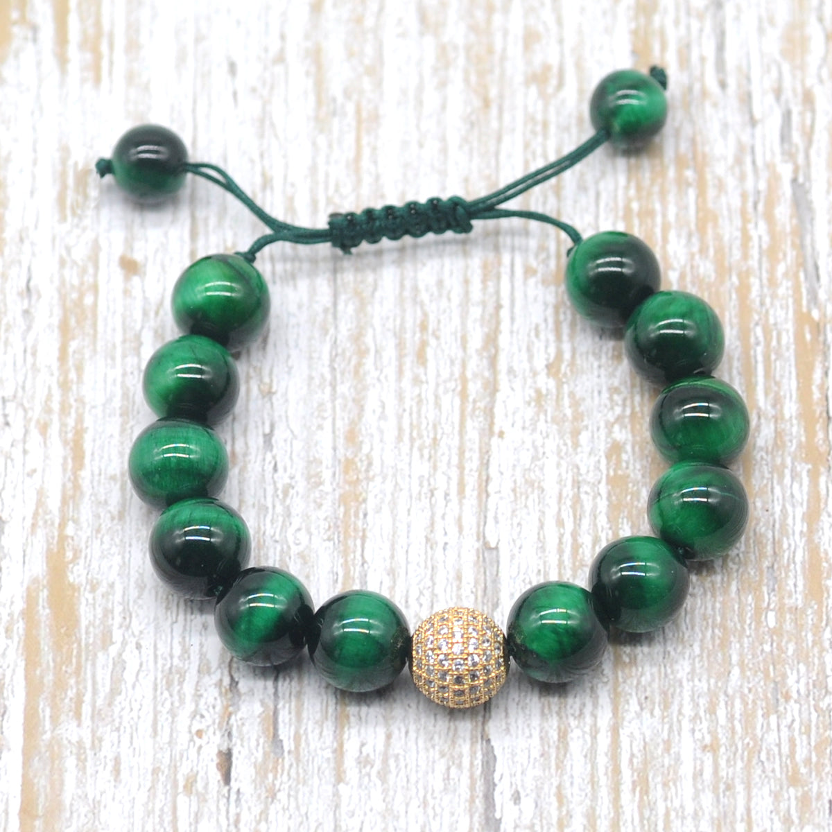 CGB688 Green Tiger Eye Adjustable Macrame Bracelet Round 12mm