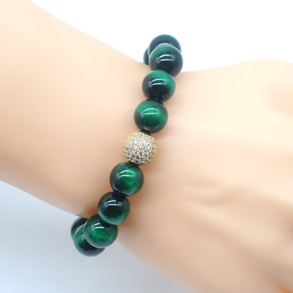 CGB688 Green Tiger Eye Adjustable Macrame Bracelet Round 12mm