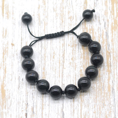 CGB690 Black Obsidian Adjustable Macrame Bracelet Round 12mm