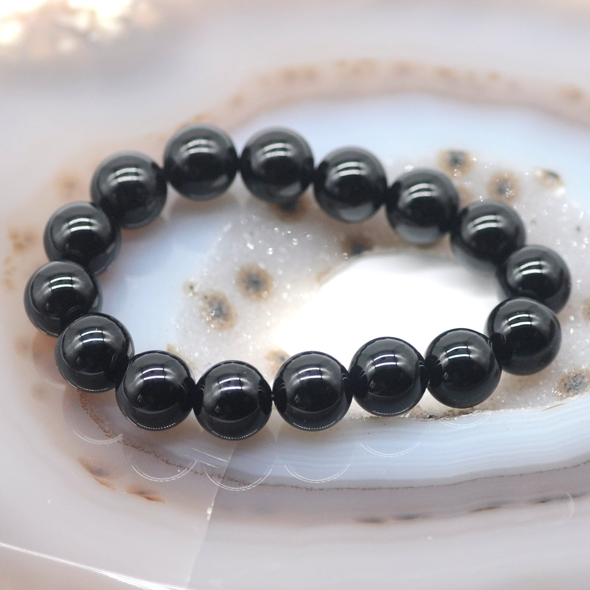 CGB76 Black Agate Beads Stretch Bracelet Smooth Round 10mm 12mm