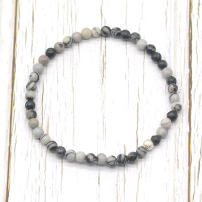 CGB775 Black Net Jasper Beaded Stretch Bracelet Round 4mm