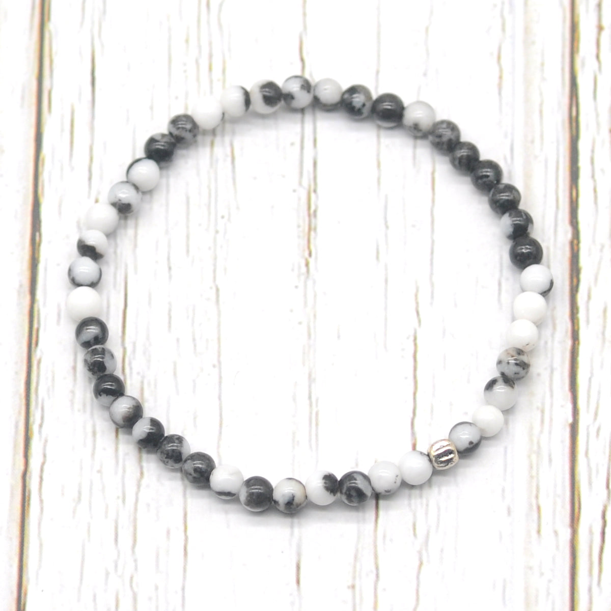 CGB776 Black & White Jasper Beaded Stretch Bracelet Round 4mm