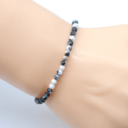 CGB776 Black & White Jasper Beaded Stretch Bracelet Round 4mm