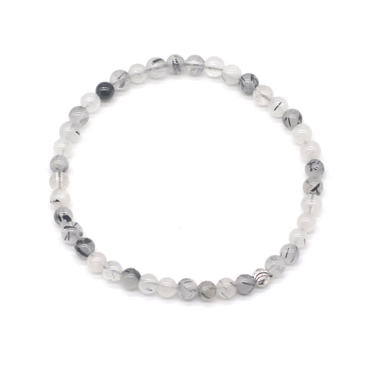 CGB789 Black Rutilated Quartz Beaded Stretch Bracelet Round 4mm