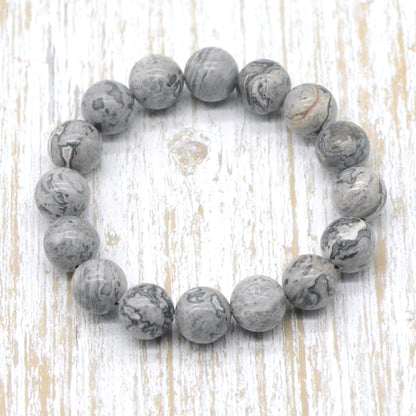 CGB85 Grey Picture Jasper Beads Stretch Bracelet Smooth Round 10mm 12mm