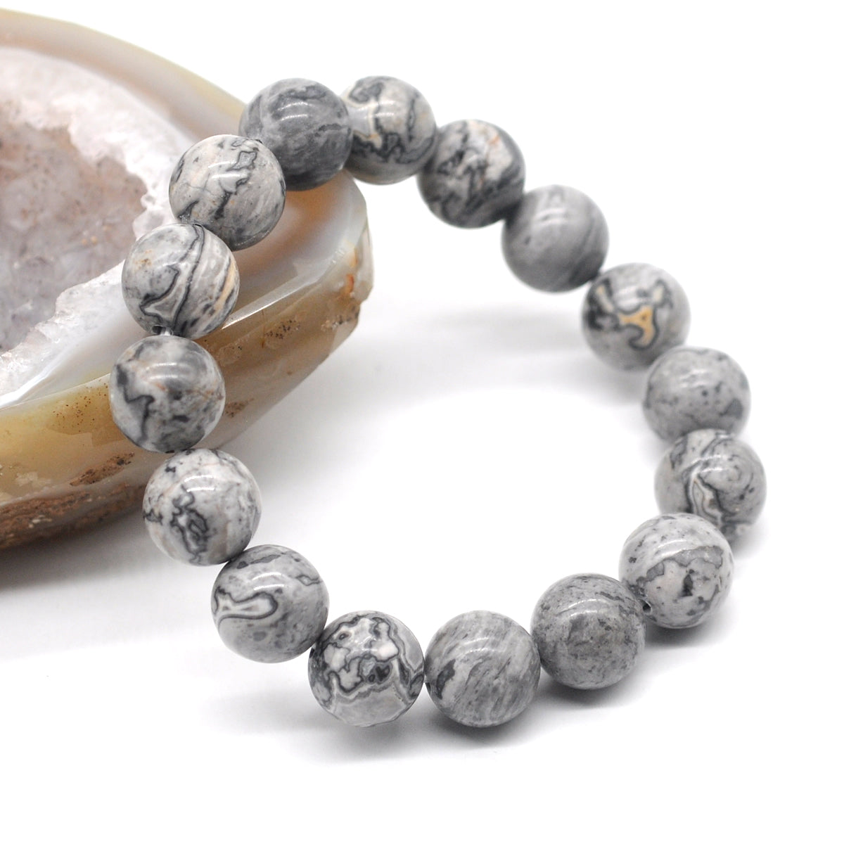 CGB85 Grey Picture Jasper Beads Stretch Bracelet Smooth Round 10mm 12mm