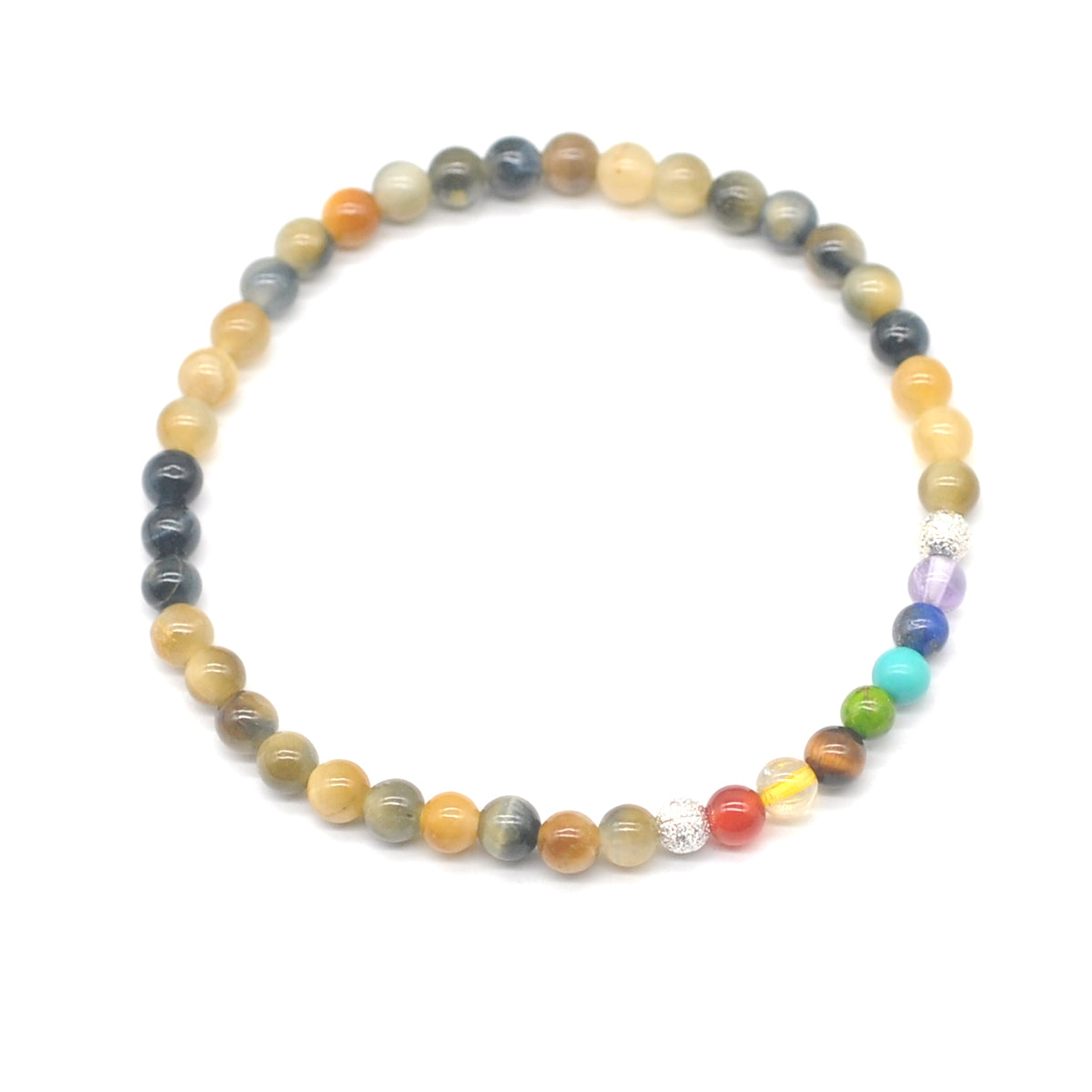 CGB851 Golden & Blue Tiger Eye With 7 Chakra Stretch Bracelet Round 4mm