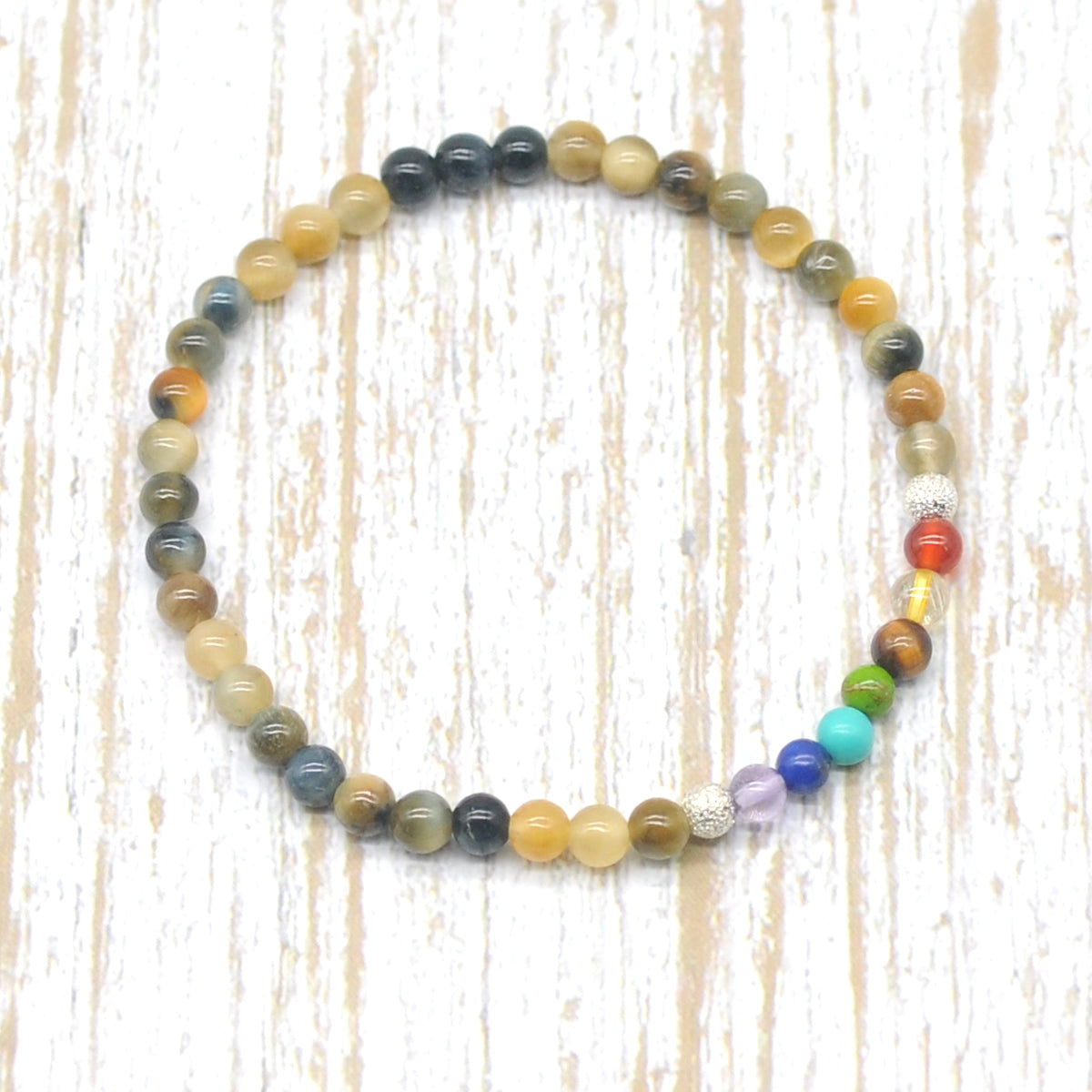 CGB851 Golden & Blue Tiger Eye With 7 Chakra Stretch Bracelet Round 4mm