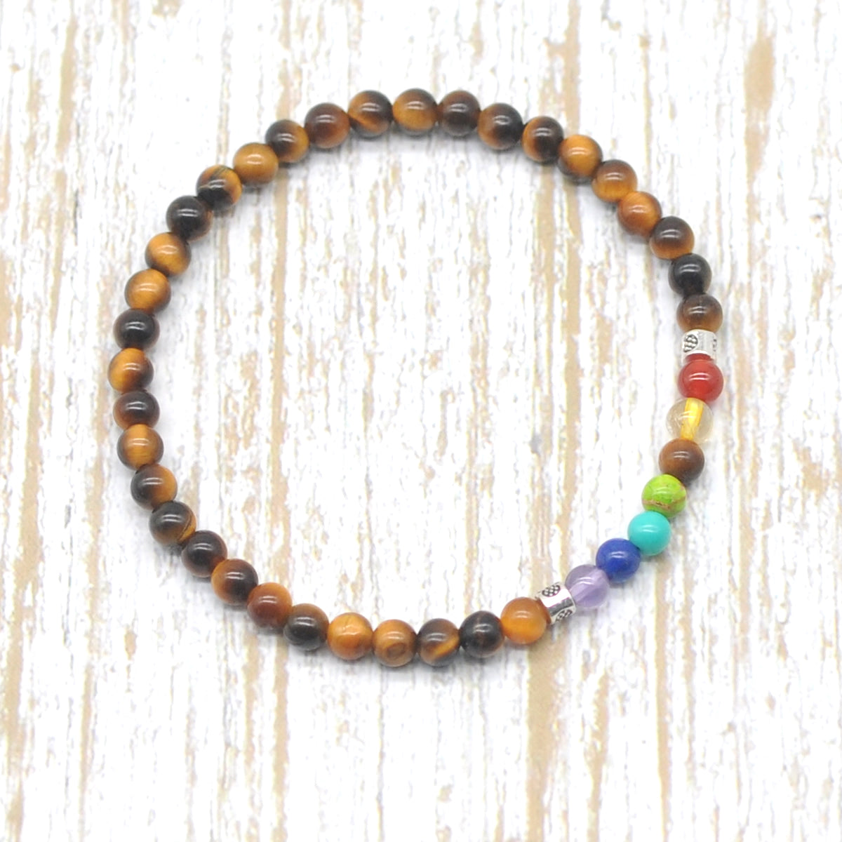 CGB852 Yellow Tiger Eye With 7 Chakra Stretch Bracelet Round 4mm