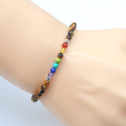 CGB852 Yellow Tiger Eye With 7 Chakra Stretch Bracelet Round 4mm