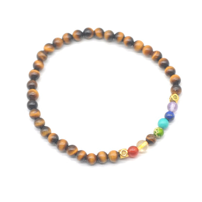 CGB853 Grade AA Yellow Tiger Eye With 7 Chakra Stretch Bracelet Round 4mm