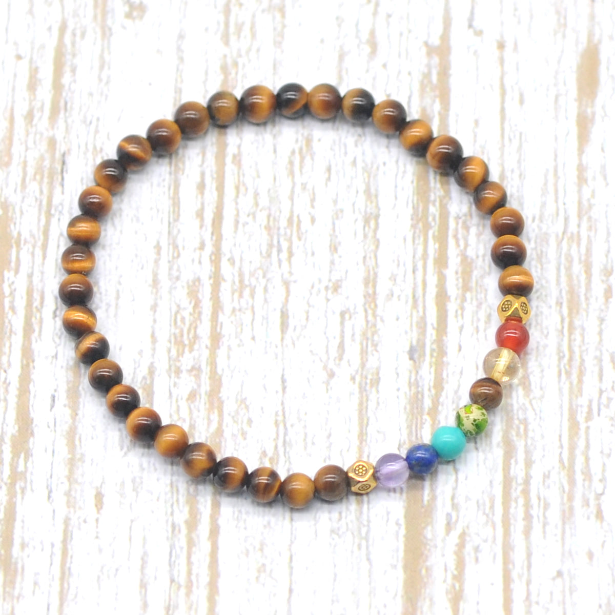 CGB853 Grade AA Yellow Tiger Eye With 7 Chakra Stretch Bracelet Round 4mm