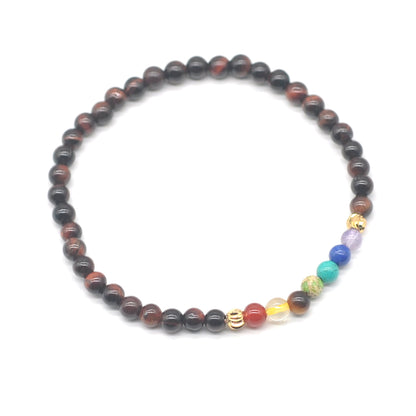 CGB854 Red Tiger Eye With 7 Chakra Stretch Bracelet Round 4mm