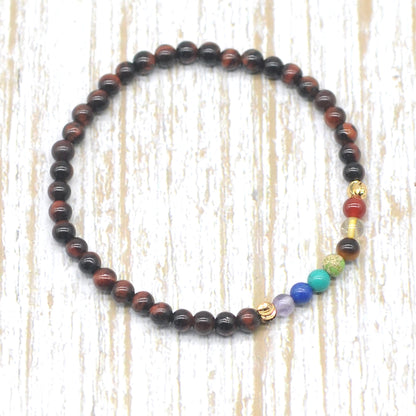 CGB854 Red Tiger Eye With 7 Chakra Stretch Bracelet Round 4mm