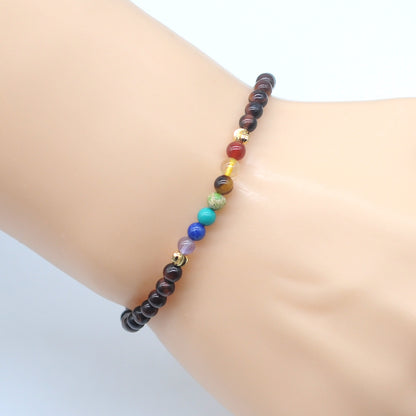 CGB854 Red Tiger Eye With 7 Chakra Stretch Bracelet Round 4mm