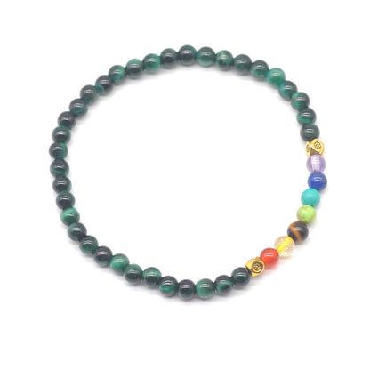 CGB859 Green Tiger Eye With 7 Chakra Stretch Bracelet Round 4mm