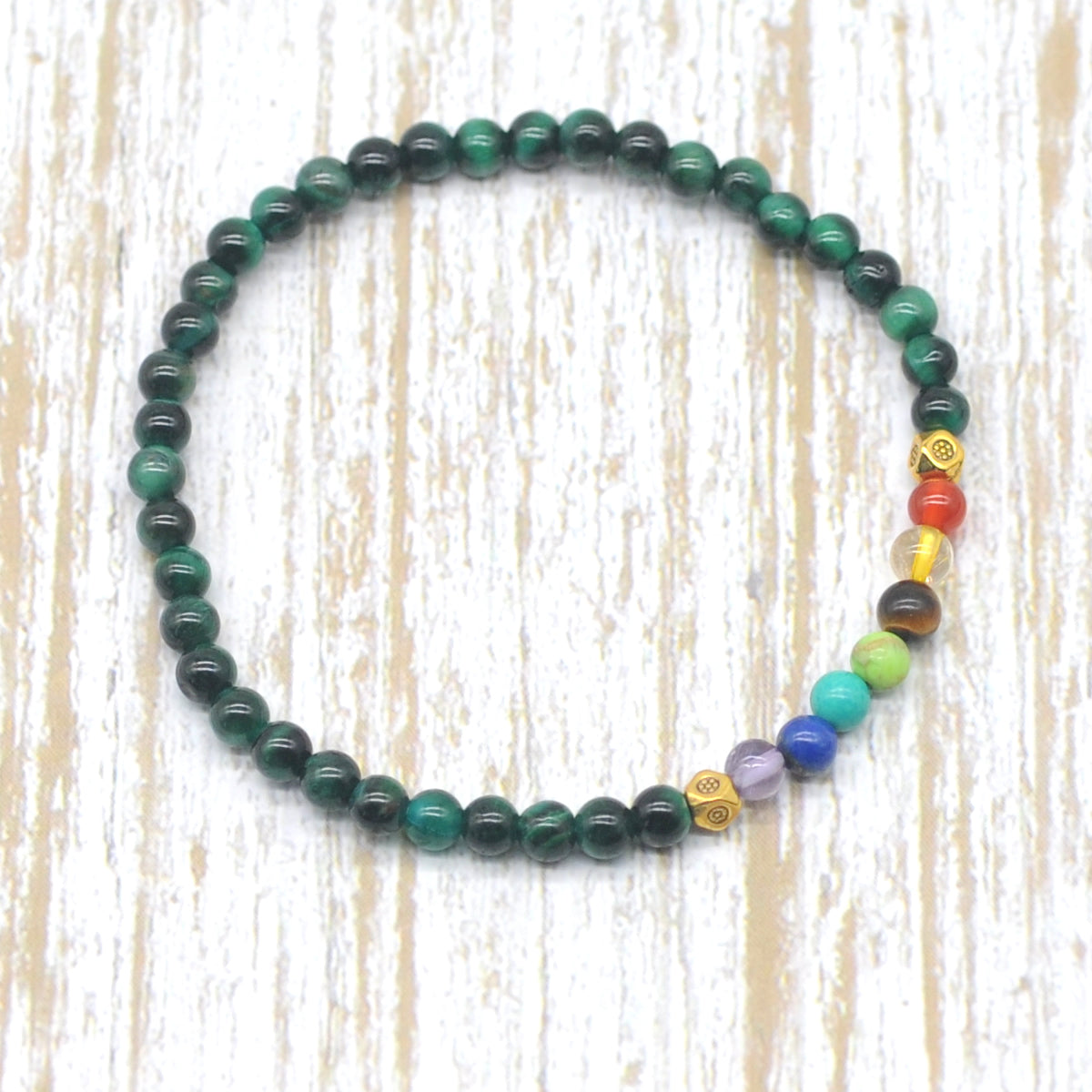 CGB859 Green Tiger Eye With 7 Chakra Stretch Bracelet Round 4mm