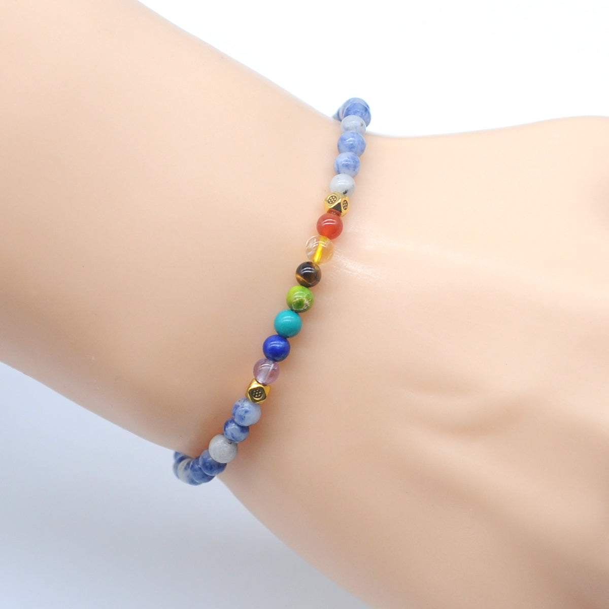 CGB861 Blue Spot Stone With 7 Chakra Stretch Bracelet Round 4mm