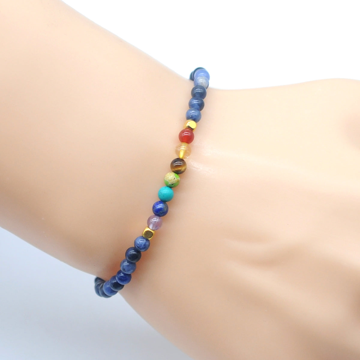 CGB862 Sodalite With 7 Chakra Beaded Stretch Bracelet Round 4mm