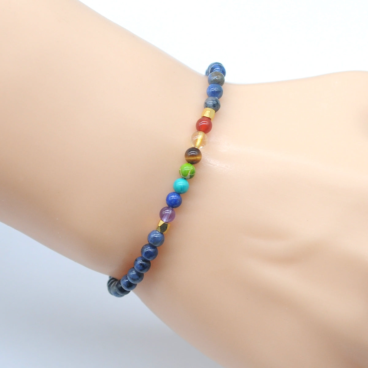 CGB864 Dumortierite With 7 Chakra Stretch Bracelet Round 4mm